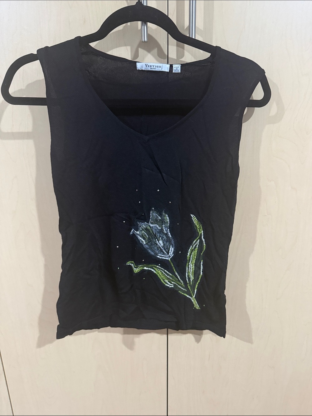 Vertigo Paris Black Sleeveless Tank with Beaded Floral Accent
